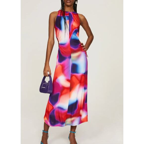 Rebecca Vallance Dress Womens 8 Red Blue Del Prado Midi Cutout Side Psychedelic - Picture 1 of 13